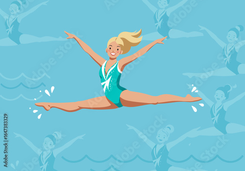 Synchronized Swimmer in Split Leap with Water Droplets
