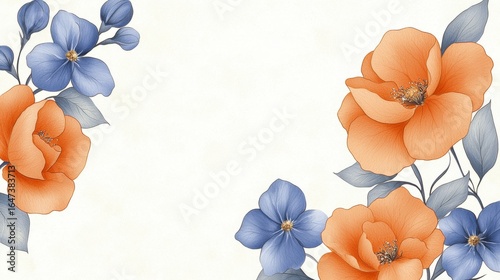 Vintage Floral Illustration with Blue and Orange Flowers Creating a Beautiful Border for Decorative Purposes