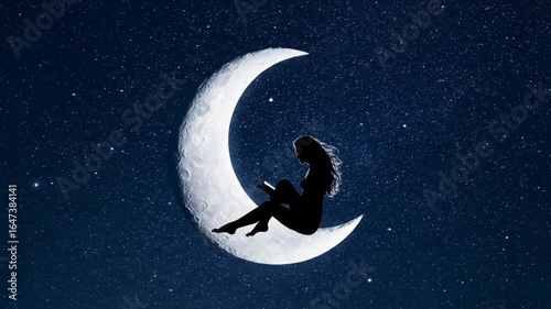 flat style abstract animation with girl silhouette sitting on the moon and reading a book; book reader footage 
