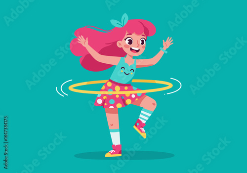 Cartoon Girl with Pink Hair Playing with Hula Hoop