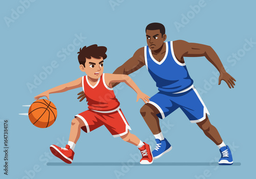 Basketball Players in Action: Dribbling and Defense