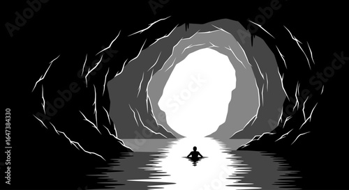 embark on a transformative journey a solitary figure contemplates the light at the end of a mysterious cave entrance