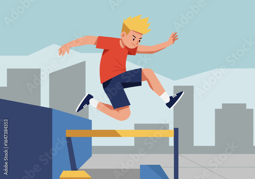 Young Man Jumping Over Obstacle in Urban Setting
