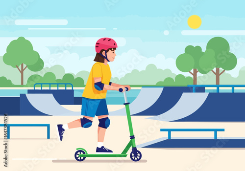 Girl with Pink Helmet Riding Green Scooter in Skate Park
