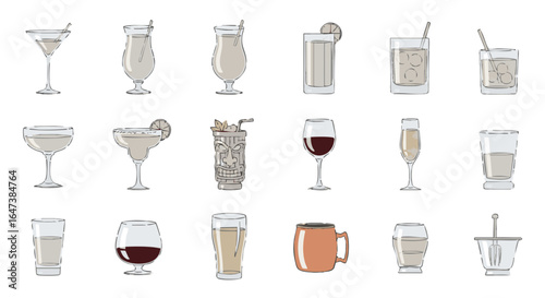 Cocktail glasses flat icon set vector isolated barware