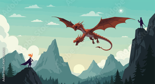 Fantasy landscape with a two-headed dragon and a warrior