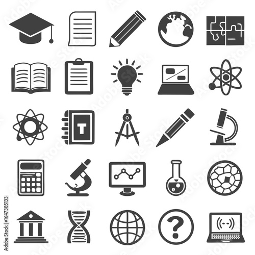 Set of 30 monochrome icons for education science and technology graduation cap document
