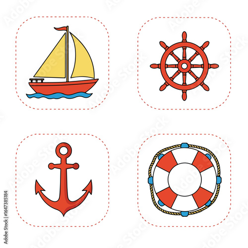 Nautical icons boat, wheel, anchor, lifesaver