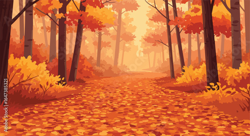 Autumnal forest, path strewn with leaves