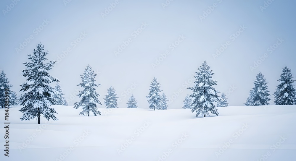 Idyllic Winter Scene: Snow-Covered Pine Trees in a Pristine White Landscape Idyllic Winter Scene: Snow-Covered Pine Trees in a Pristine White Landscape