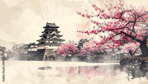 Historic Japanese Castle with Cherry Blossoms in Spring