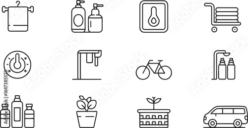 Towel dispenser bottles bicycle coffee machine plant pots and van vector