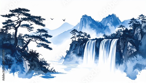 Serene Waterfall Landscape in Traditional Blue Ink Painting
