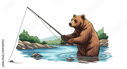 grizzly bear fishing a hilarious illustration for outdoors wildlife and fishing businesses seeking a unique engaging brand image