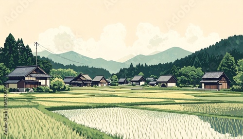 Tranquil Japanese Countryside with Rice Fields and Traditional Homes
