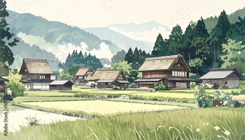 Traditional Japanese Village and Scenic Landscape Illustration