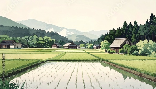 Scenic Japanese Countryside with Rice Fields