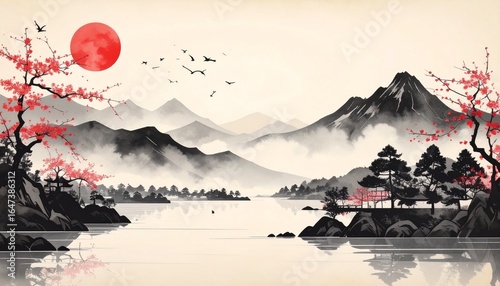 Serene Japanese Landscape with Red Sun and Cherry Blossoms