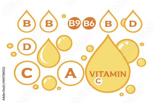 Illustration of various vitamin drops including a, b, c, and d isolated on white background