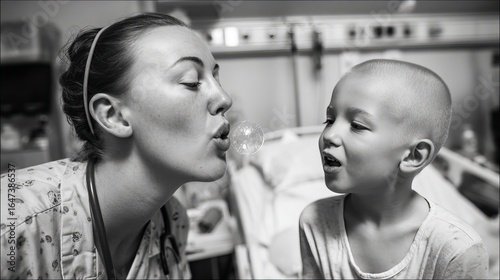 Female nurse and young boy enjoying a playful moment in a hospital room.