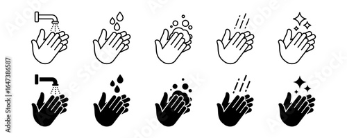 Wash your hands icons set. Hand washing icons set. Hand drawing with water tap, drop, soap bubble sign, vector illustration