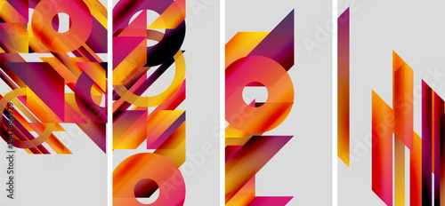 Abstract geometric shapes, vibrant colors, modern design. Panels create dynamic visual composition, bold contrasts present.