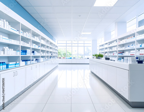 Bright, Clean, and Modern Pharmacy Interior Aisle Stocked with Essential Health and Medical Products, Emphasizing Wellness and Professional Healthcare Services.