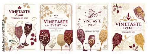 Elegant wine event posters featuring decorative elements and rich colors, celebrating the Vinetaste Event.