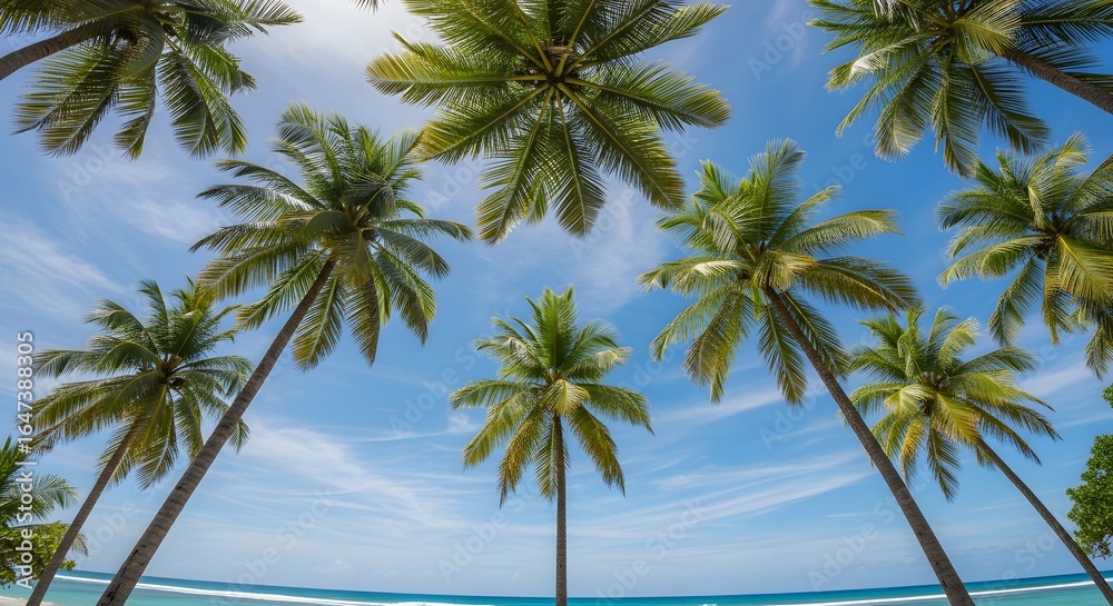 Fototapeta premium Tropical Palm Trees and Blue Sky Over Turquoise Ocean from Below