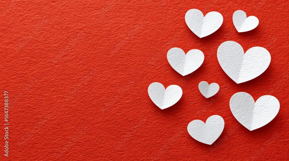 Obraz premium White Paper Hearts on Red Textured Background - Romantic Love Decor Concept