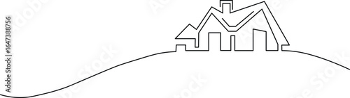Abstract house on the hill in continuous line art drawing style. Residential building, real estate black linear design isolated on white background. Vector illustration