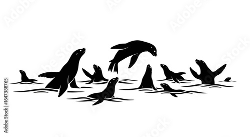 playful sea lions leaping and swimming a dynamic silhouette image for branding websites and marinethemed designs