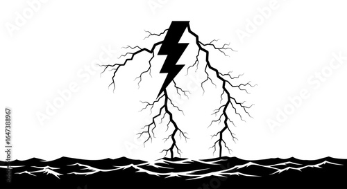 powerful energy striking below abstract black and white graphic for energy power and electrical concepts
