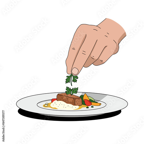 Chef Finishing Plated Dish with Herbs