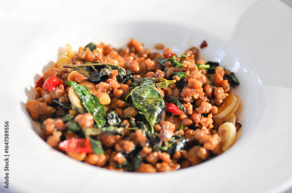 stir fried pork with sweet basil or stir fried ground pork or minced pork stir fried pork with sweet basil or stir fried ground pork or minced pork