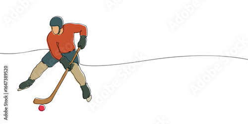Bandy athlete in helmet playing with stick and red ball on ice. Minimalist line drawing of winter sport player. Concept for XXV Olympic Winter Games Milano Cortina 2026.