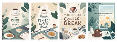Cozy coffee break illustrations with warm tones, featuring cups, cookies, and relaxing vibes.