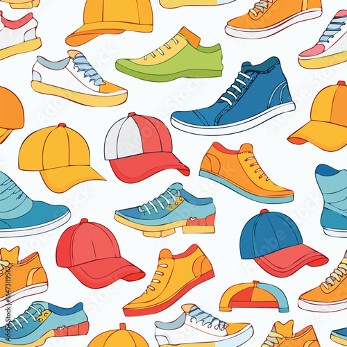 A vibrant and colorful pattern featuring various types of shoes and hats, perfect for fashion or lifestyle themes.
