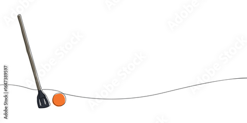 One line colored drawing of a broomball stick and ball. Minimalist linear illustration. Winter sport equipment and Olympic ice game concept.
