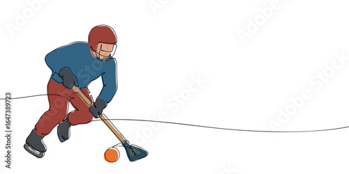 Male broomball athlete playing on ice wearing helmet and skates with stick and orange ball. Minimalist contour style illustration. Winter sport concept for Milano Cortina 2026 Olympic Games.