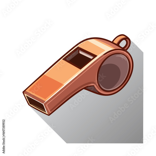 A detailed illustration of a shiny bronze whistle with a shadow, used in sports.