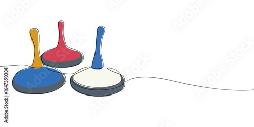 Ice stock sport equipment with red, blue, and white sticks on ice. Minimalist vector illustration in continuous line style. Winter sport concept for design and print.