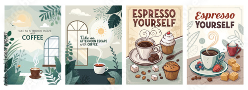 A cozy coffee-themed illustration series showcasing warm drinks and delightful treats in a serene setting.