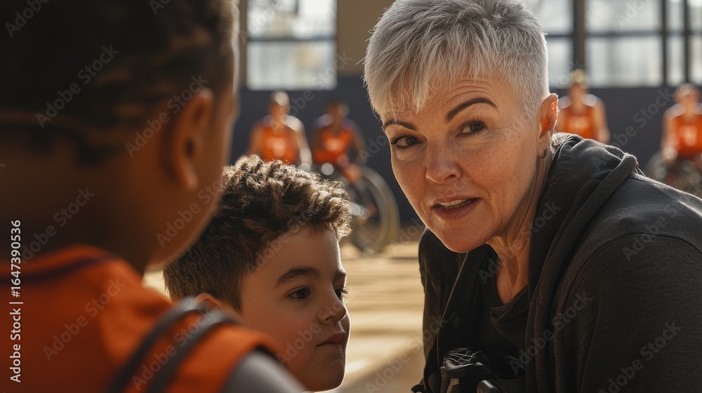 Obraz premium Wheelchair basketball training session featuring experienced coach teaching technique to younger player, authentic smiles, gymnasium setting, intergenerational mentoring, natural light