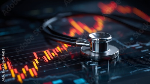 A stethoscope on a digital financial chart, representing health and economy.