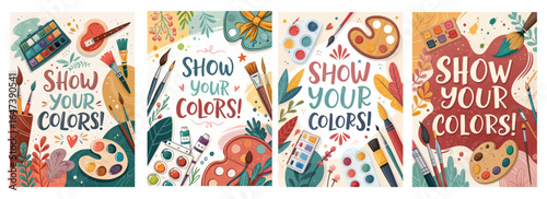 Colorful art-themed illustrations encouraging creativity and self-expression.