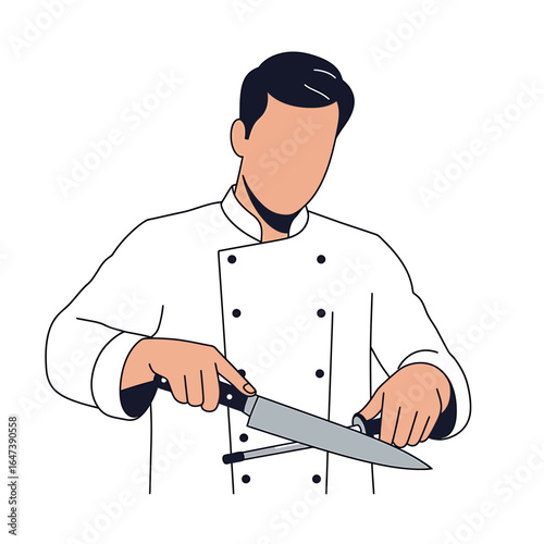 A chef in a white uniform sharpens a large kitchen knife with a sharpening steel, preparing for culinary tasks.