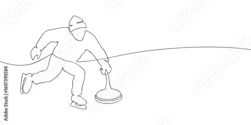 Ice stock sport player in winter clothing skating with stick on ice. Continuous line vector illustration. Winter sport for Milano Cortina 2026 Winter Olympics design and competition concept.