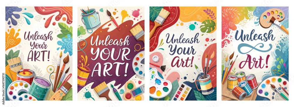 Naklejka premium Colorful artistic designs featuring various art supplies and the phrase 'Unleash Your Art!'