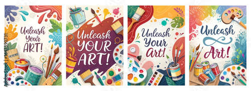 Colorful artistic designs featuring various art supplies and the phrase 'Unleash Your Art!'